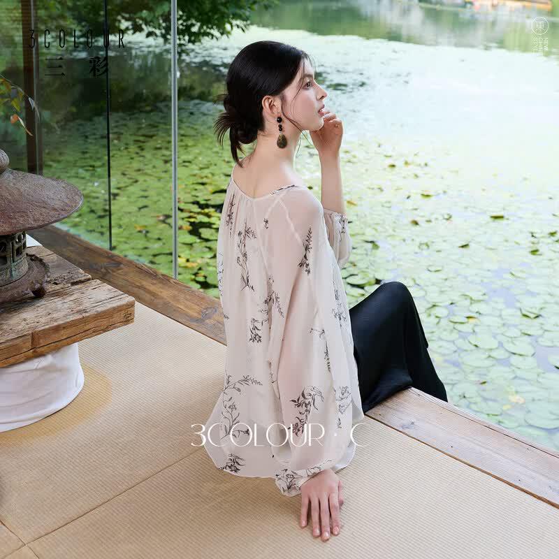 Sancai New Chinese Style Floral V-Neck Loose Blouse XL