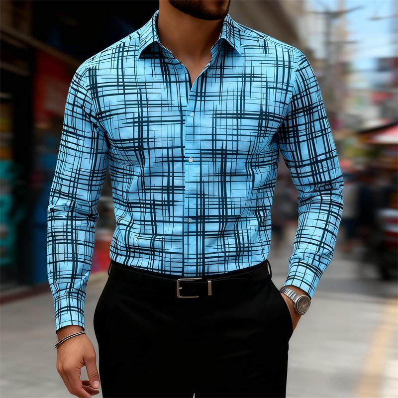 2025 New Men's Trendy Geometric Line Print Long-sleeved Shirt 18 Colors Personality Fashion Slim Lapel Casual Versatile Shirt