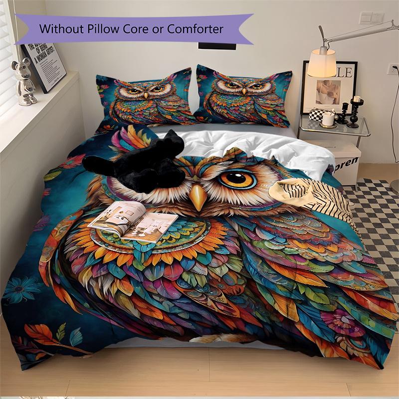 3pcs Colorful Mandala Owl Printed Quilt Set, Soft and Comfortable Quilt Cover for Bedroom