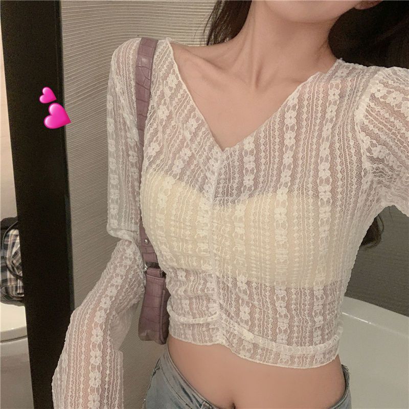 White Hollow-Out Lace Long-Sleeve Crop Top for Women, Summer Sheer Lace Belly-Showing Sun-Protective Shirt