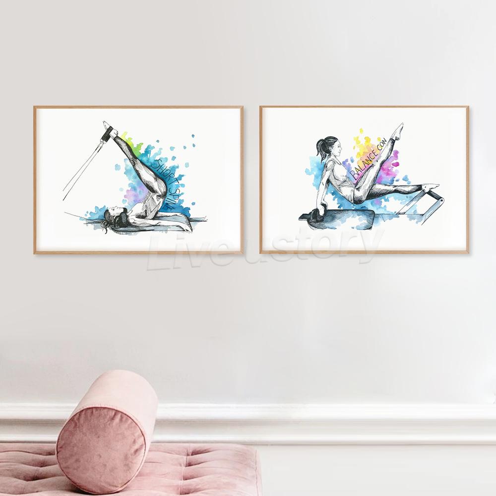 Pilates Yoga Workout Chart Art Prints Watercolor Posters Exercise Woman Canvas Painting Fitness Gym Wall Pictures Decor
