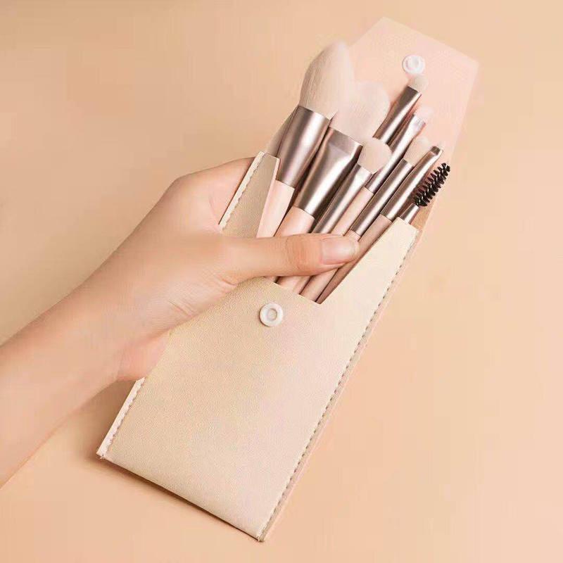 Mini Portable 8Pcs Makeup Brush Set Soft Synthetic Bristles Cosmetic Brushes with Storage Bag for Trip Outdoor Use