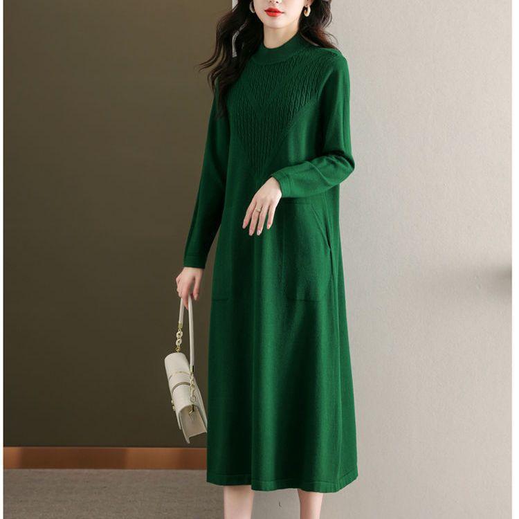 Half Turtleneck Sweater Dress Solid Color Loose Knee-length Long Knitted Sweater for Women Large-sized Knitted Dress for Autumn and Winter