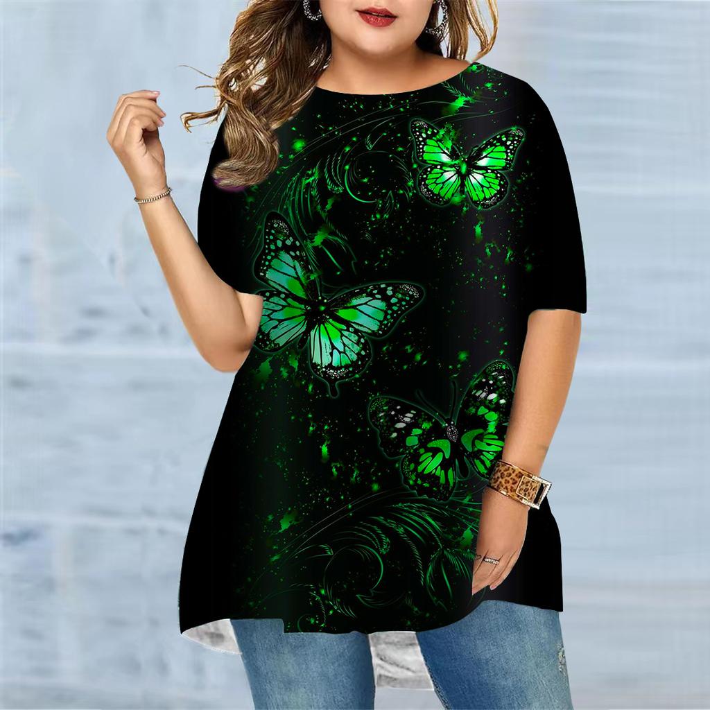 Übergröße Damen Sommer T-Shirt mit gepunktetem Schmetterlings-Print Bequemes Kurzarm-T-Shirt mit Rundhalsausschnitt Lässiges Baggy-T-Shirt mittlerer Länge