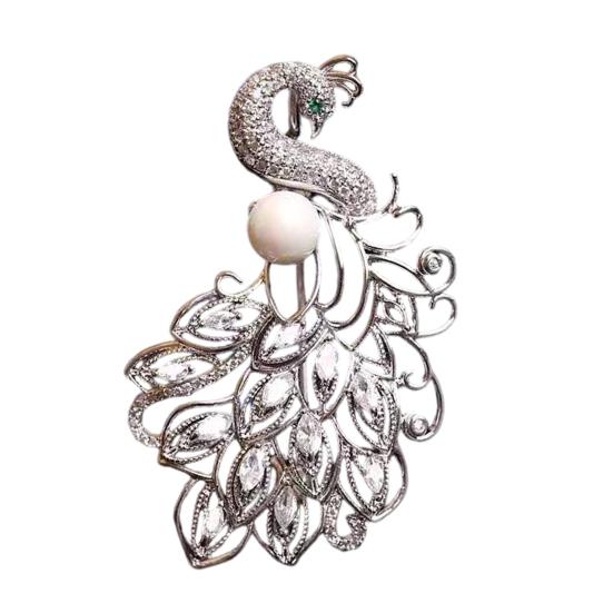

Brooch Pin Anti-Exposure Buckle Peacock Feather Design Pin with Imitation Pearls Cubic Zirconia Suits Coats Sweaters Badge срібний