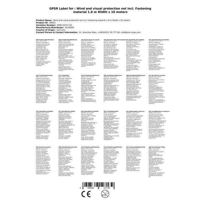 Filet brise vue - KLASEBO - Brise Vent Renforcé - 1,8x10 m - 150 g/m² - Perméabilité 12%