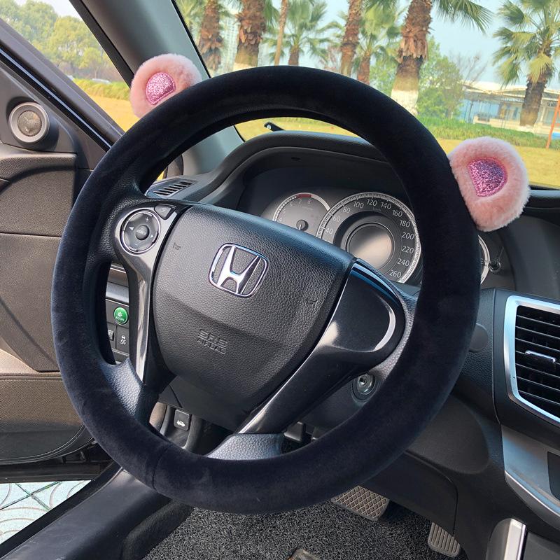 Short Plush Steering Wheel Cover Kawaii Winter Warm Car Handle Cover Anti-skid Cartoon Cute Cat Ear Steering Cover Pink Gift
