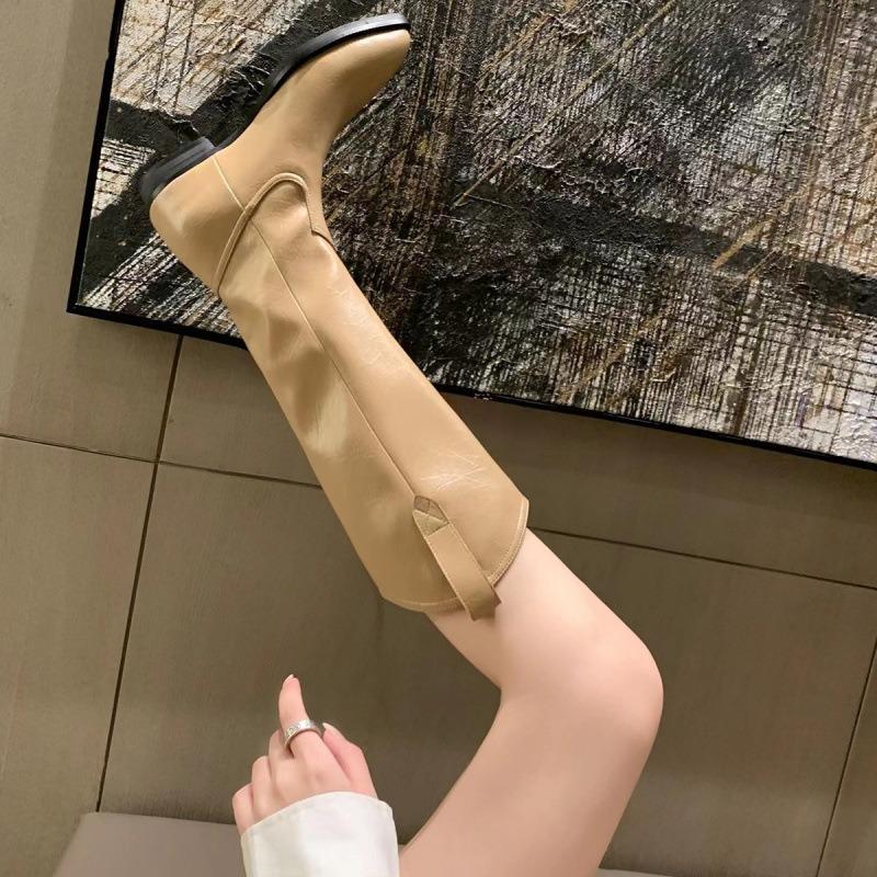 Cowhide Version~ Double Buckle with Round Head Leather But Knee Side Zipper Thick Heel Knight Boots Women's Boots