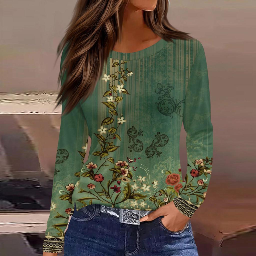 Dames casual T-shirt met split aan de zoom, ronde hals, lange mouwen en losse print.