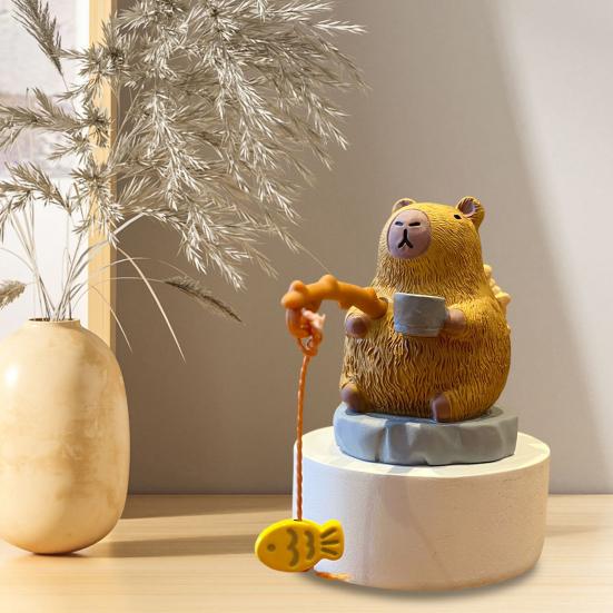 Figurine Animale Pescuit Rășină Panda Marmotă Capibara Statuetă Pescari Serie Animale Ornament pentru Birou Decor Acvariu