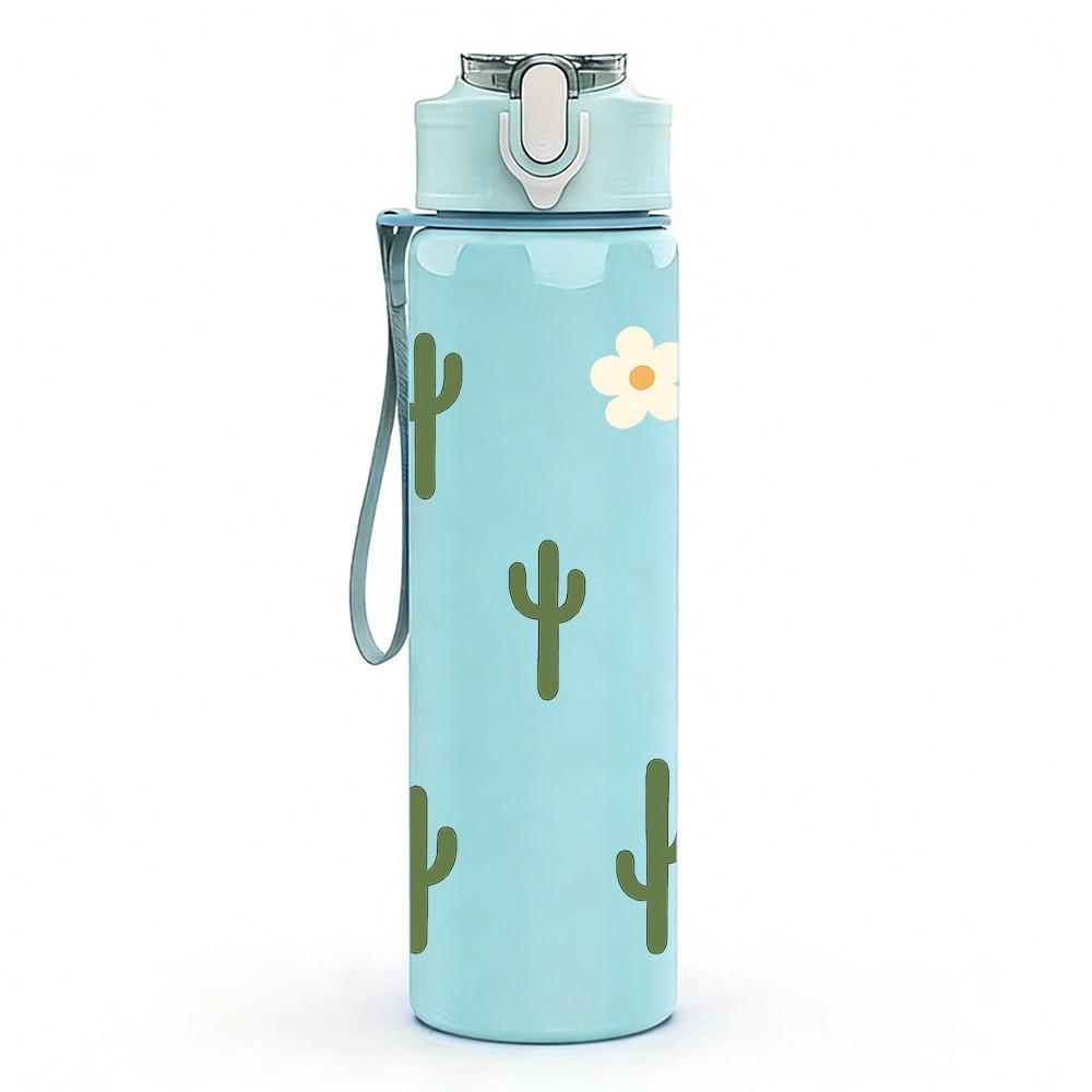 1PC Simple Desert Cactus Plant Pattern 750ml Color Plastic Sports Water Bottle Leakproof Flip Straw Lid Suitable for Sports Office Home Use