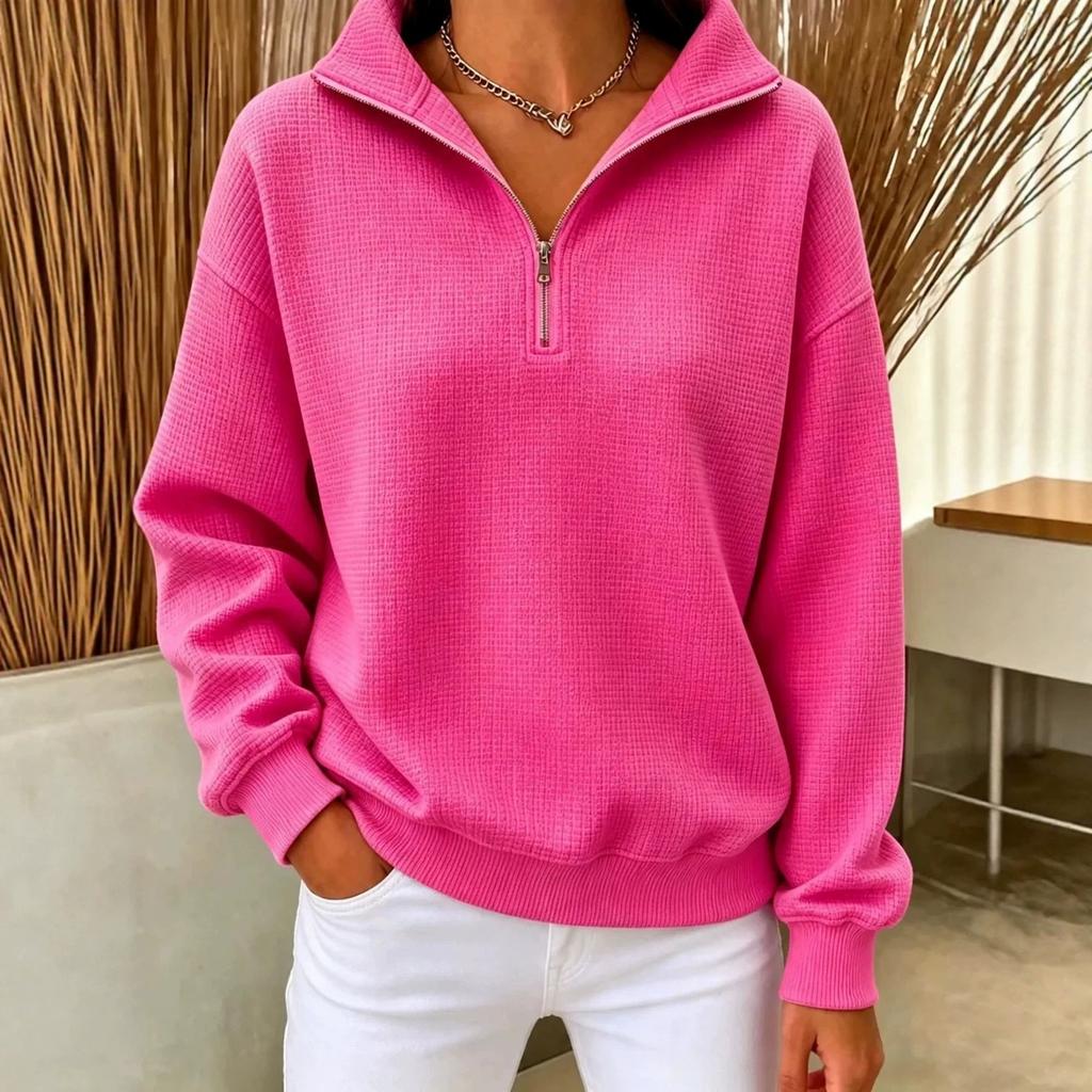 Women's Long Sleeve Zip-Up Sweatshirt with Stand Collar, Knit, Color, Loose Fit
