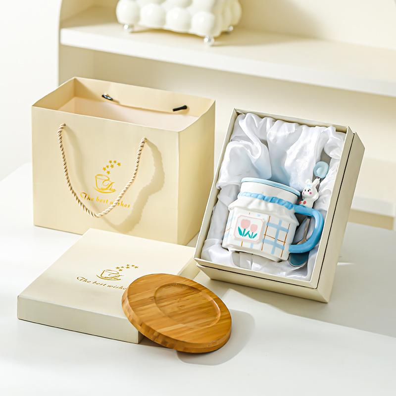 Tulip Rabbit Flower Couple Mug Creative High Value Home Office Ceramic Cup Coffee Cup with Lid