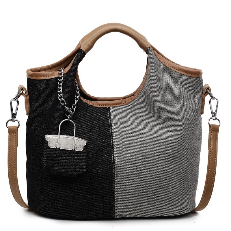 Canvas bag women's large-capacity new summer versatile contrasting color splicing messenger bag premium bucket bag