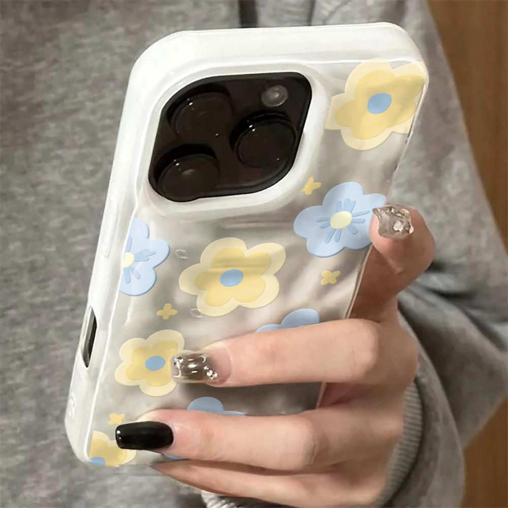 Cute Cartoon Pastel Floral Spring Phone Case For iPhone 17 16 15 14 13 12 11 Pro Max Plus 17 Air Simple Wrinkled Texture Cover
