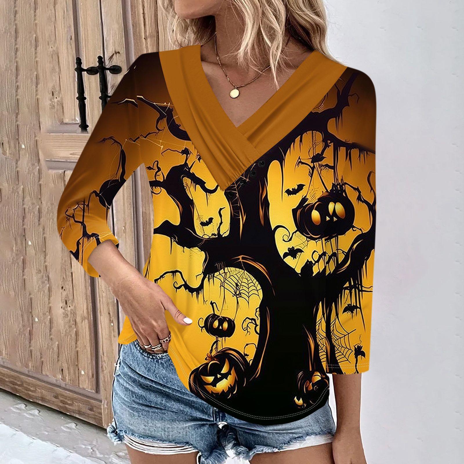 

Женские повседневные футболки с рукавом 3/4 на выходные с V-образным вырезом и принтом на Хэллоуин, свободные плиссированные футболки, женская блузка M