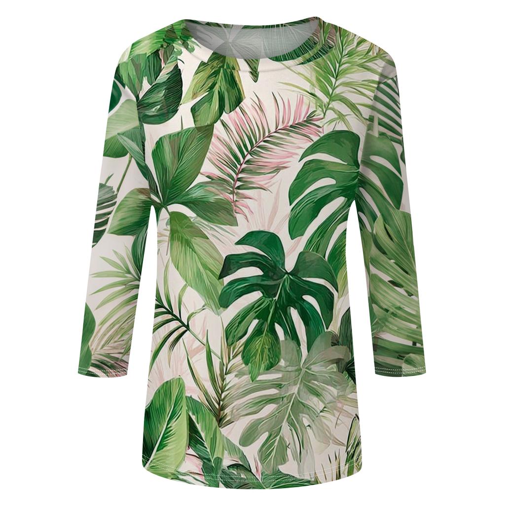 Women's Fashionable Casual Round Neck Three-Quarter Sleeve Printed T-Shirt Top