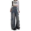 Women's High Waist Distressed Boyfriend Cargo Jeans - Loose, Slimming, Straight Leg, Floor-Length.