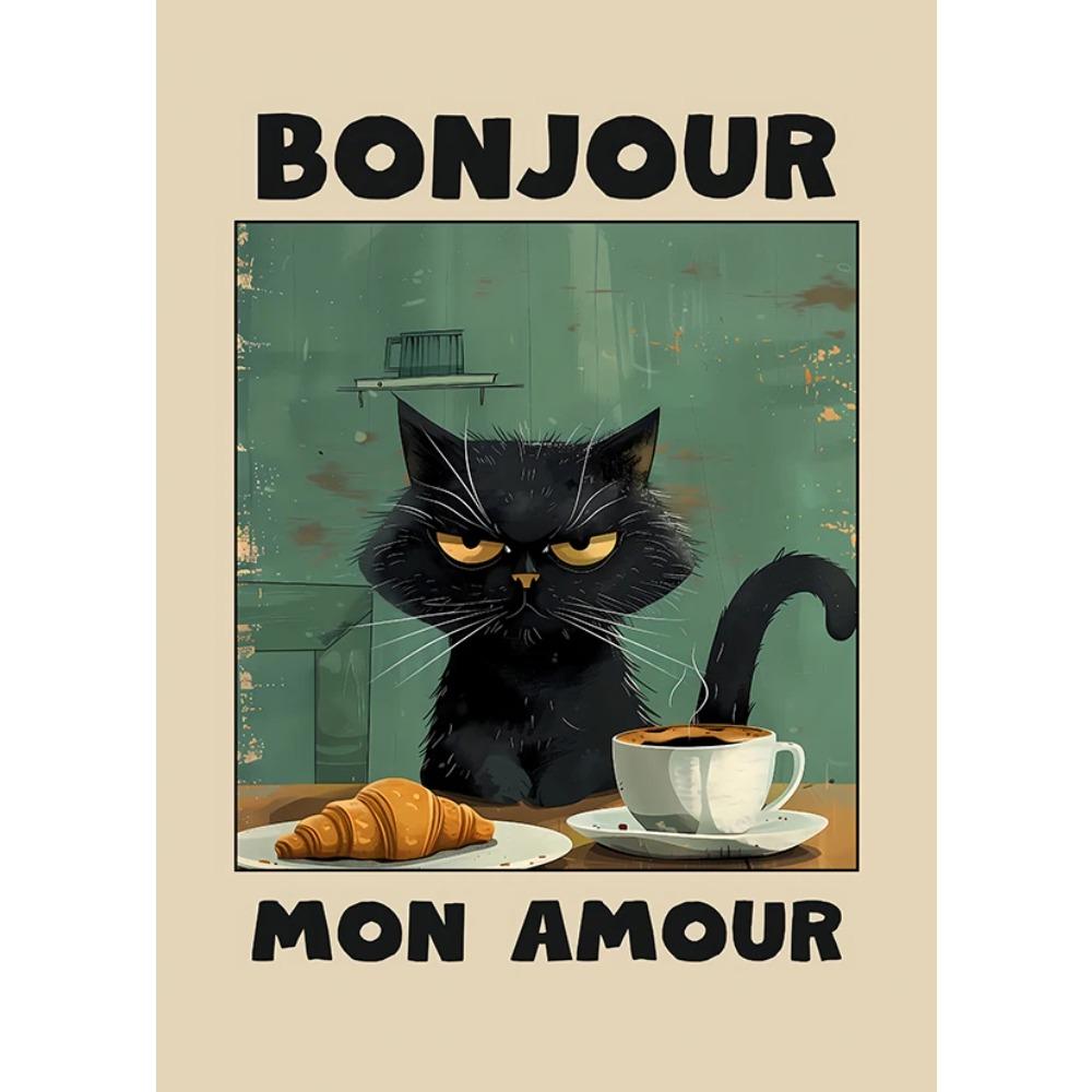 Japanische Katze isst Nudeln Leinwandposter Katze Kaffee Bonjour Mon Amour Küchenwandkunst Drucke für modernes Wohnzimmer Heimdekor
