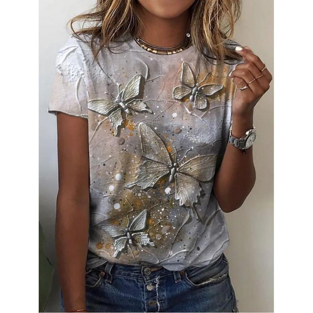 3D printed pattern T-shirt, summer and spring short sleeved round neck casual top, women's clothing