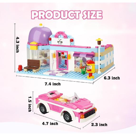 BRICK STORY Girls Friends Hair Salon Building Kit with 2 Mini People 5 Dolls Hair Creative Girls Friends Sets 358 Pieces with a Pink Convertible Car