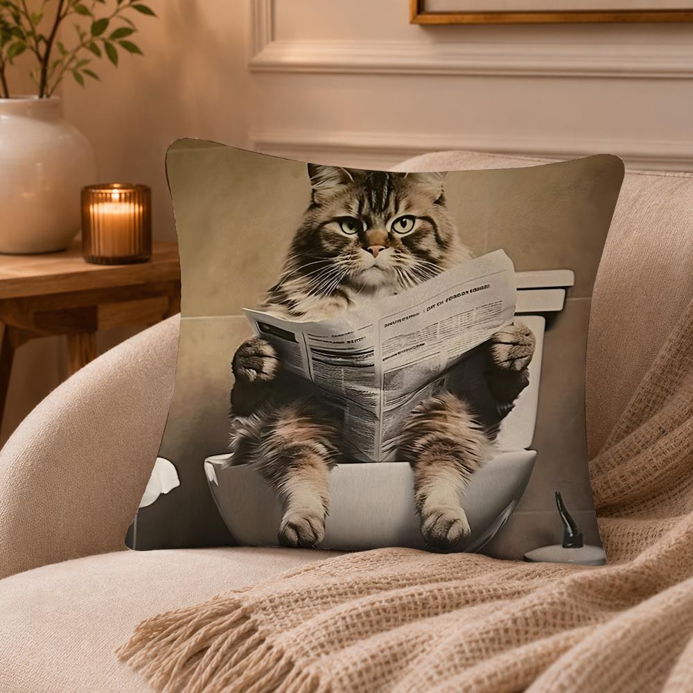 Bathroom Cat Reading On Toilet Cushion Cover Anti-dustmite Pillowcase Invisible zipper silky short plush Sofa cushion cover