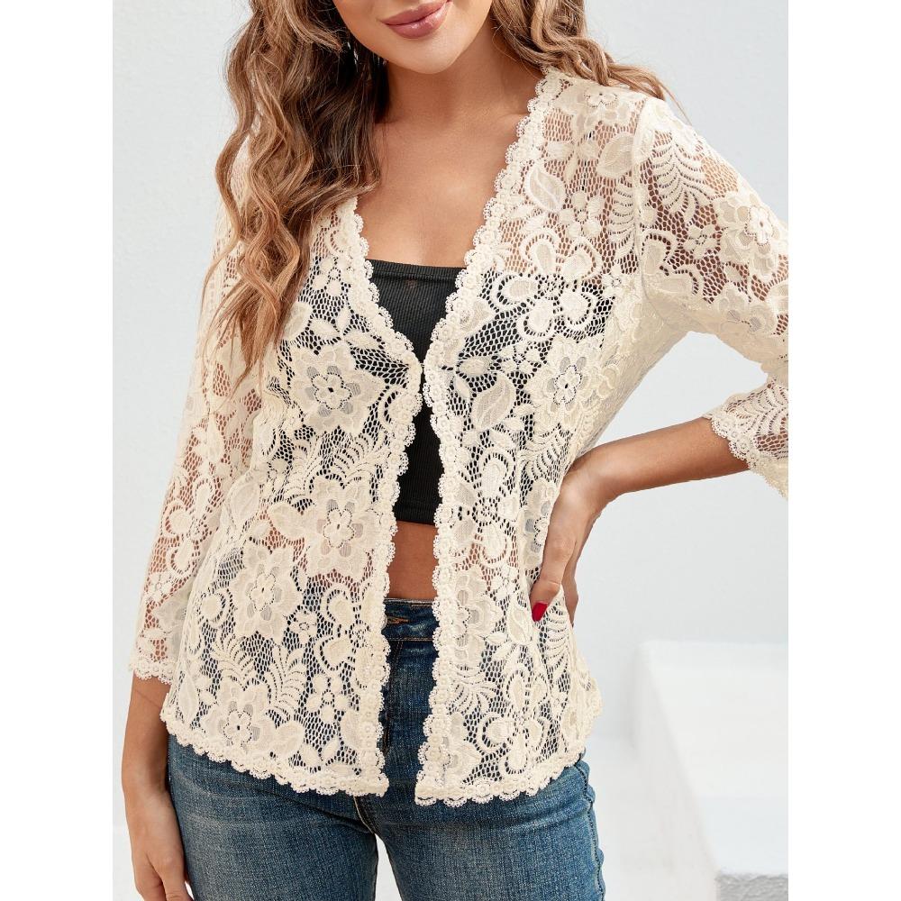 Nový volný a všestranný plus-size krajkový top s ochranou proti slunci a průsvitným kardiganem s výstřihem