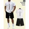 New Summer Plus Men's Casual Short Sleeved Shirt Paired with Knee High Pocket Drawstring Shorts, Featuring Fashionable Pattern Printing