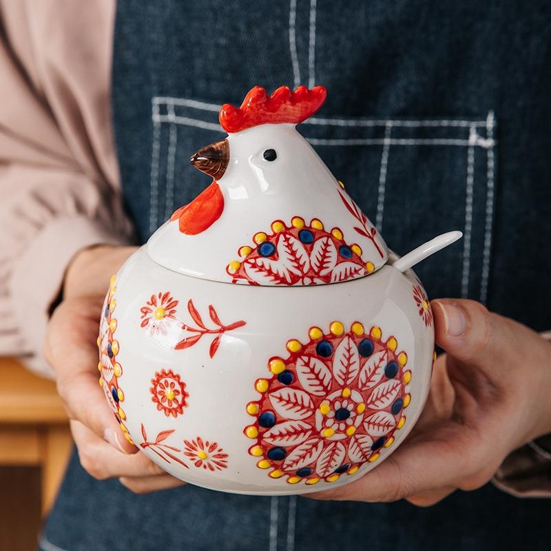 Creative Ceramic Seasoning Jar Rooster Seasoning Box Home with Lid Seasoning Box Pepper Salt Jar Moisture-proof Kitchen Tools