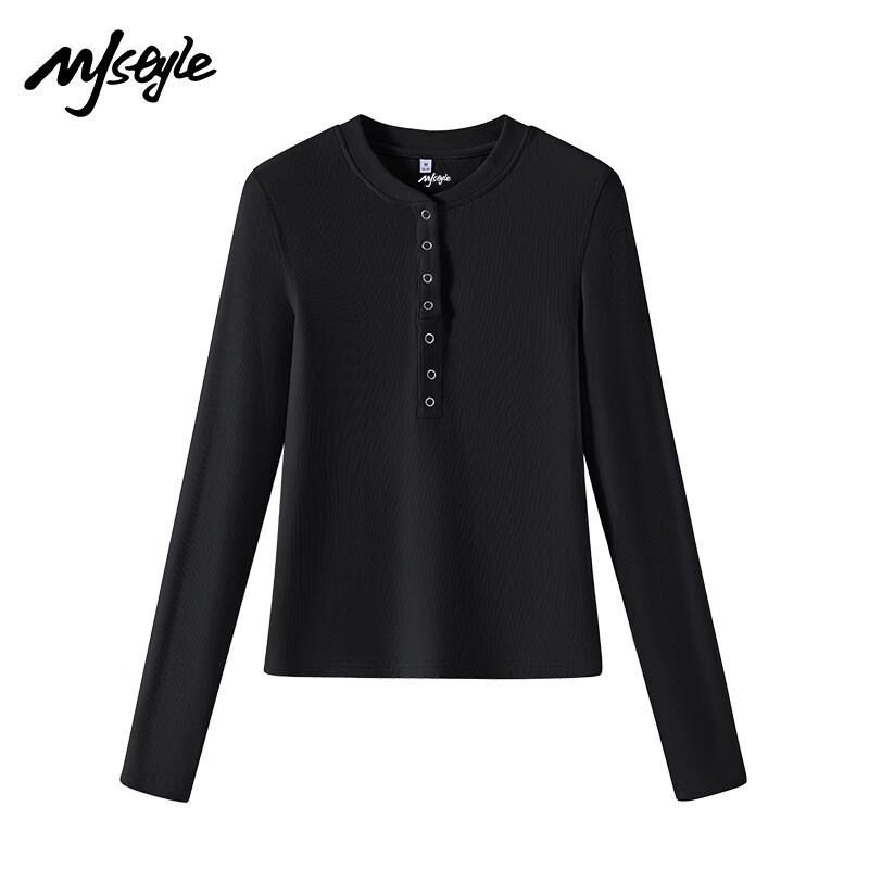 

MJ STYLE Ribbed Half-Collar Long Sleeve T-Shirt L