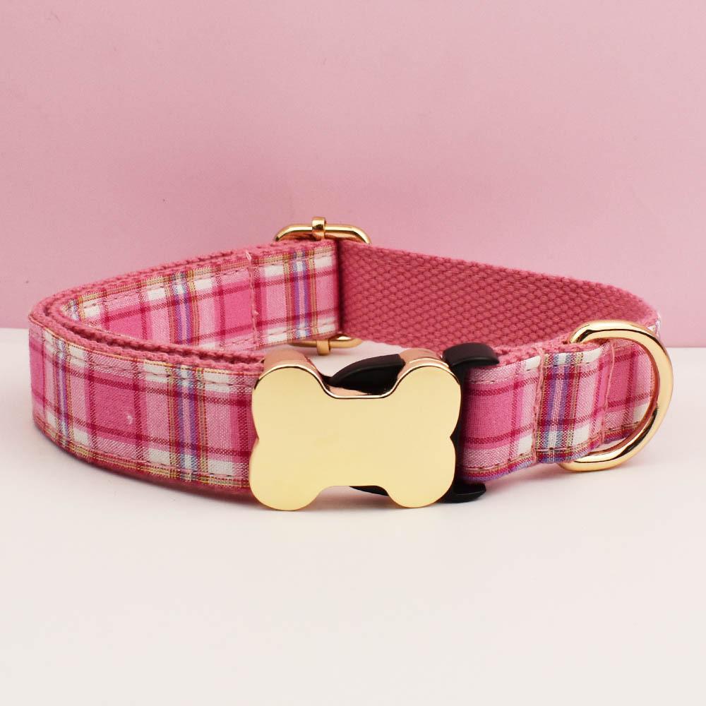 Pet Dog Collar With Grid Print Design And Bone Decor For Gift And Holiday