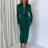 Deep V-neck Long Sleeves Right Angle Shoulder Shirring Symmetrical Split Hem Maxi Dress