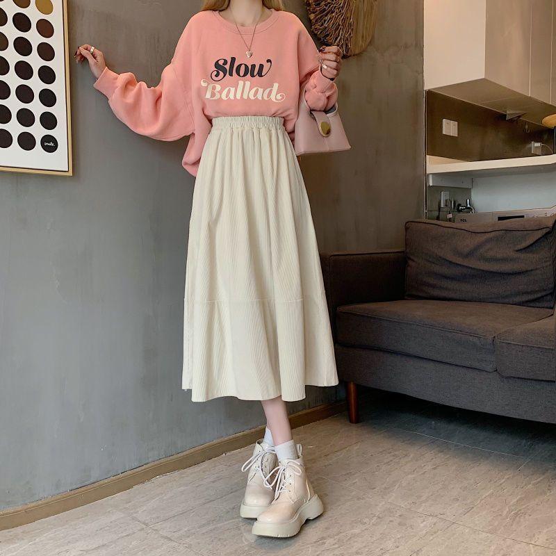 Elastic Waist Corduroy Skirt Women Autumn Winter Vintage Mid-length Skirt Solid High-waisted Korean Style Clothing