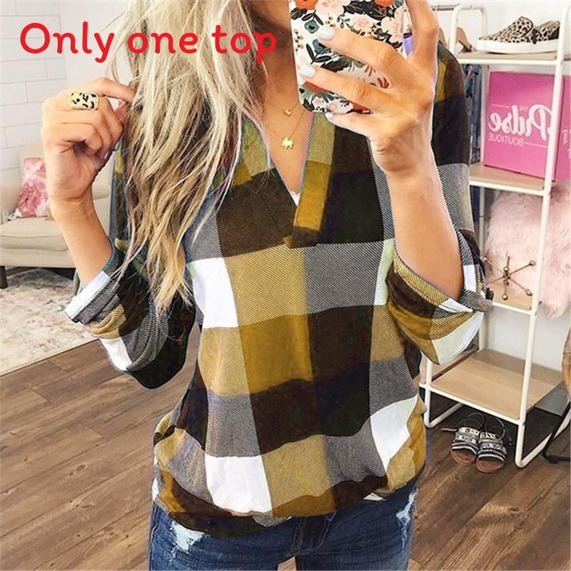 Casual Cotton Blend Plaid Shirt With Printed Vneck For Womens Office Wear