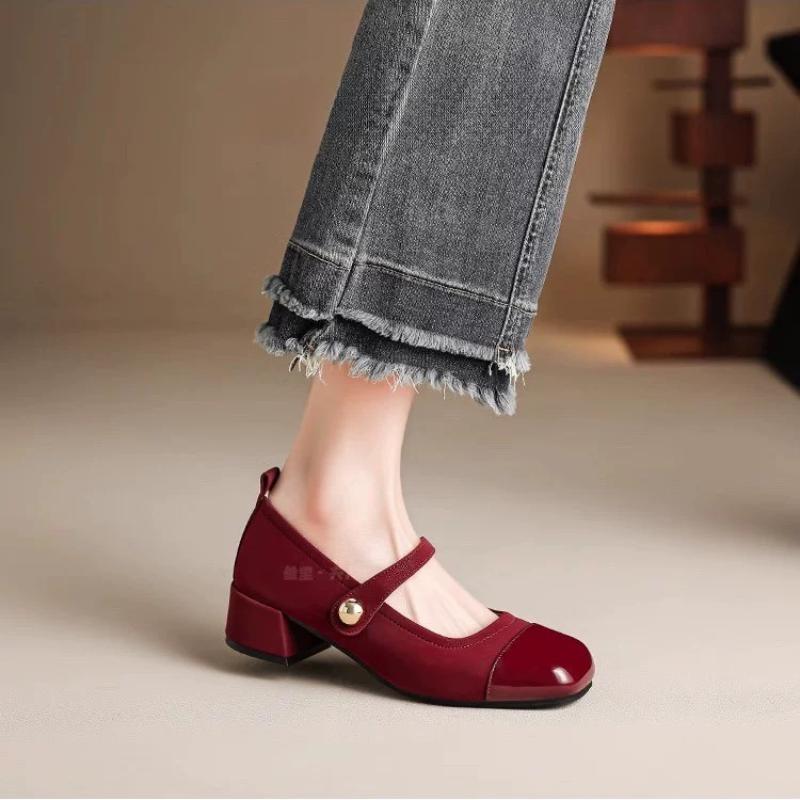 2025 Office Lady Pumps Square Toe Block Heels Buckle Strap Mixed Plus Mary Janes Soft Women High-heeled Shoes