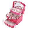 Portable Jewelry Box Storage Multi Layer Organizer Case Ring Earring Necklace Mirror (Rose Red)