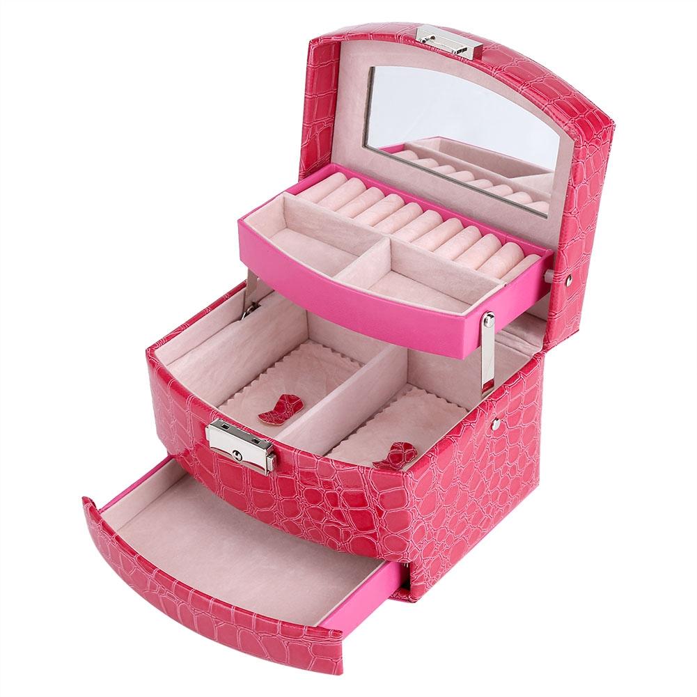Portable Jewelry Box Storage Multi Layer Organizer Case Ring Earring Necklace Mirror (Rose Red)