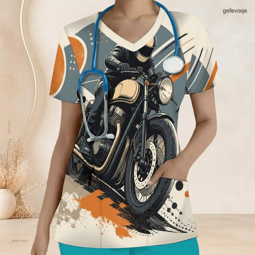 Women Plus Size V Neck Short Sleeve Scrub Top Minimalist Golden Line Intertwined Heart Print Nurse Uniform Top