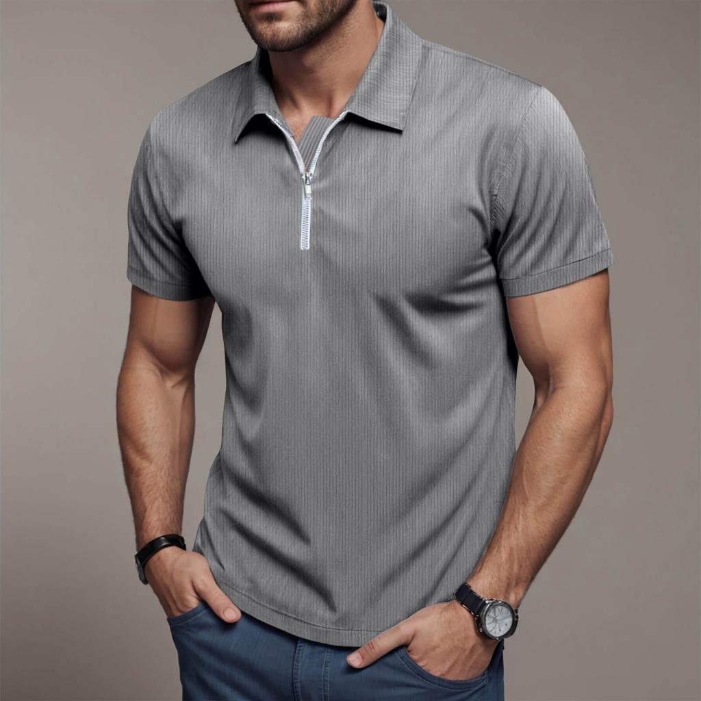 Men's Summer Loose Tee Corduroy Half Zipper Lapel Short Sleeved T-Shirt Solid Color Lightweight And Breathable Shirts Tops