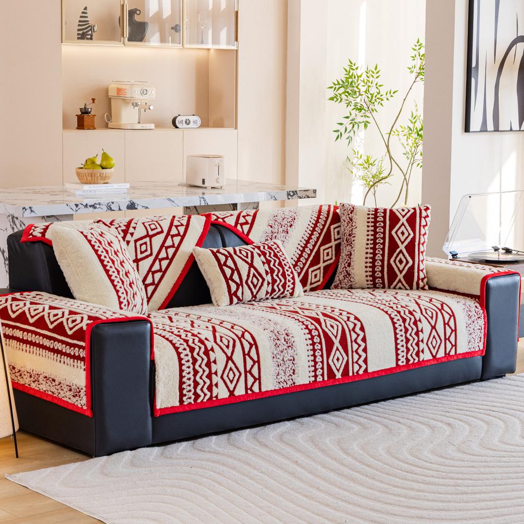 Vintage Winter Soft Home Decor Red Mats Fleece Universal Shaped One-Piece Non-Slip Fixed Sofa Cushion Throw Cover