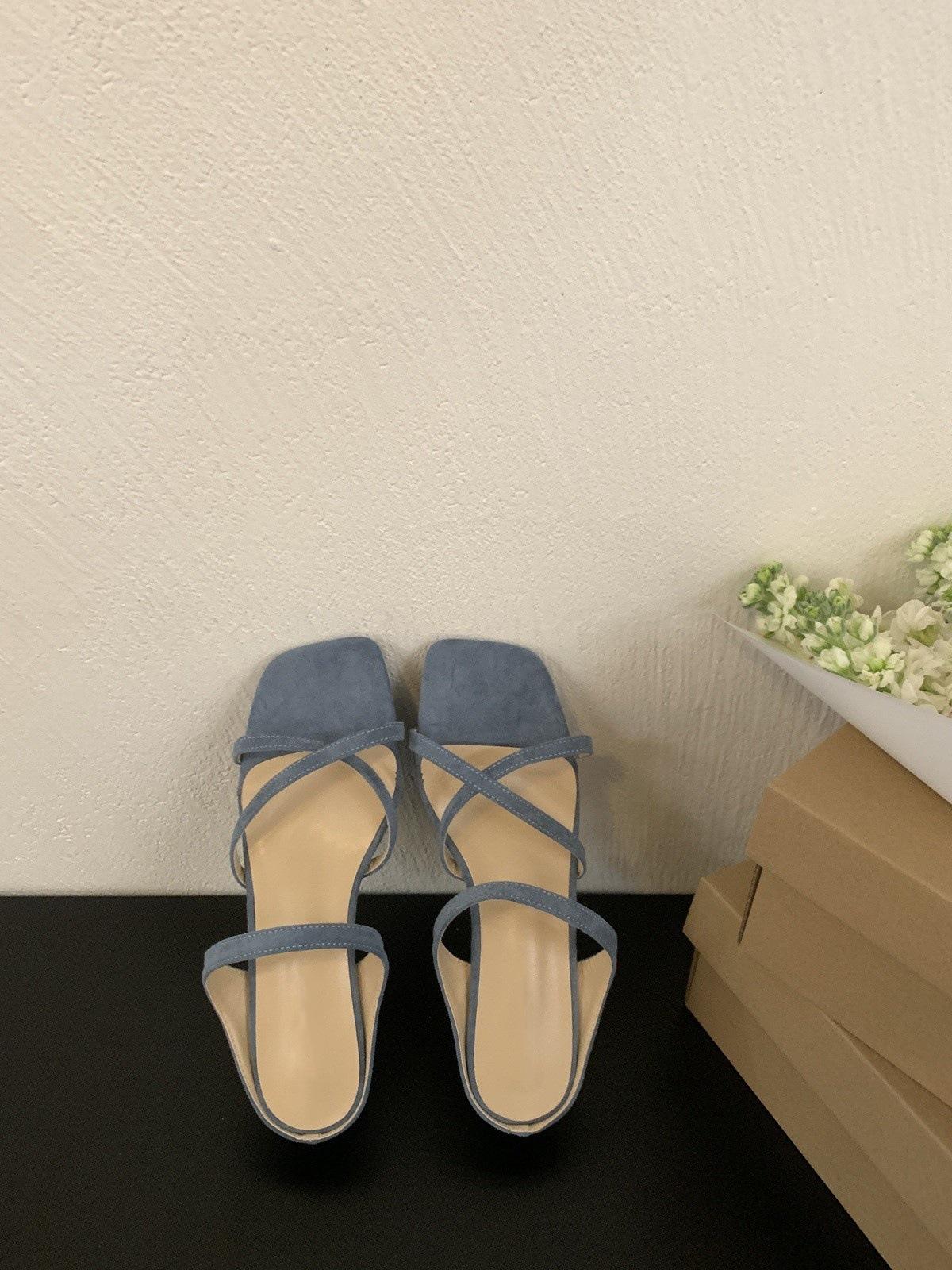 

French thick heel cross with cool slippers fairy shoes wear 2025 summer new suede open-toed Roman sandals 39 синий