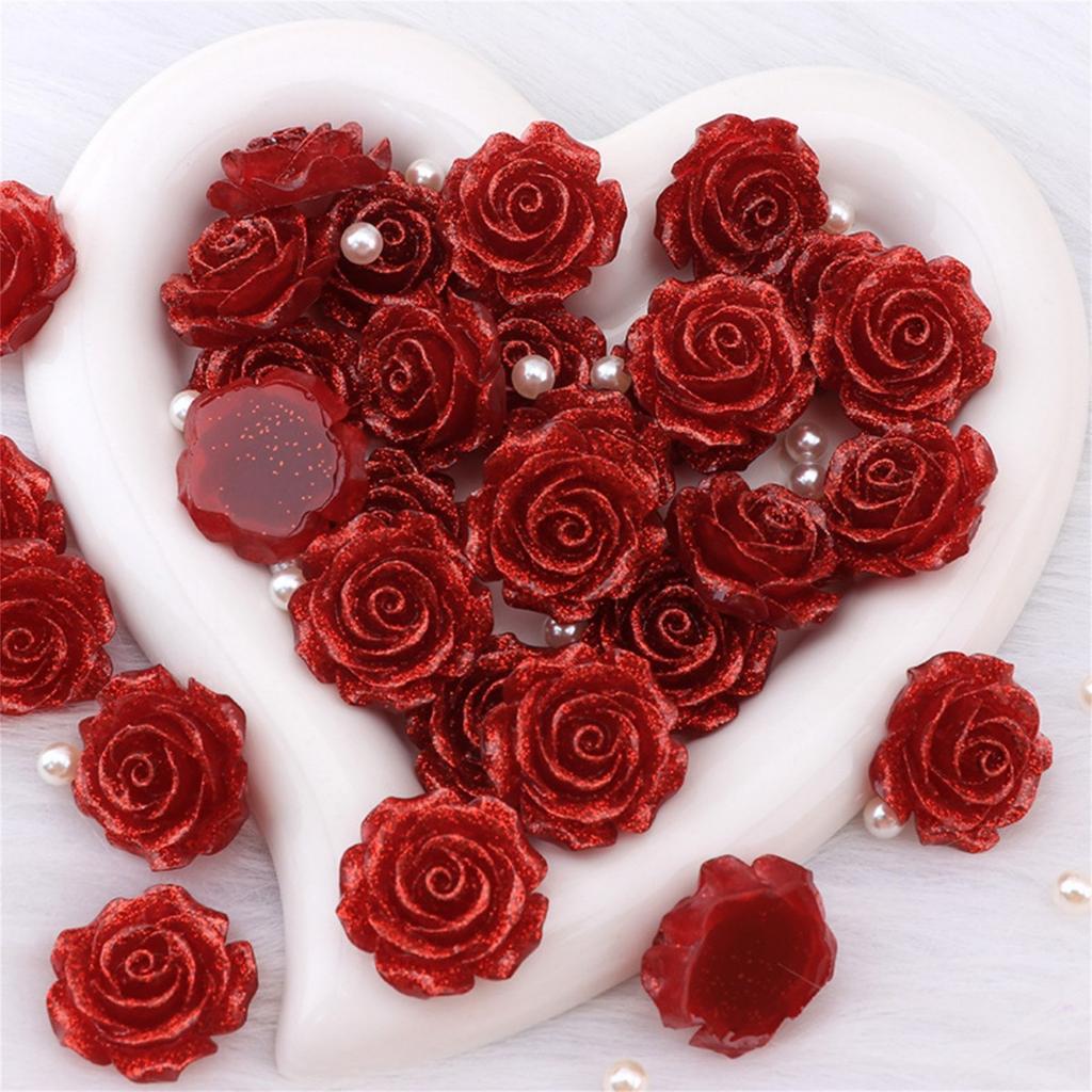 10pcs Resin Glitter Sparkling Rose Flower Flatbacks Cabochons For Card Decorations DIY Jewelry Craft Embellishments