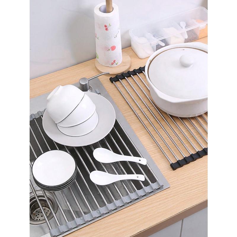 Roll Up Dish Drying Rack, Over The Sink Stainless Steel Multifunctional Dish Drain Rack, Portable Stainless Steel Rolling Rack, Sink Rack Mat