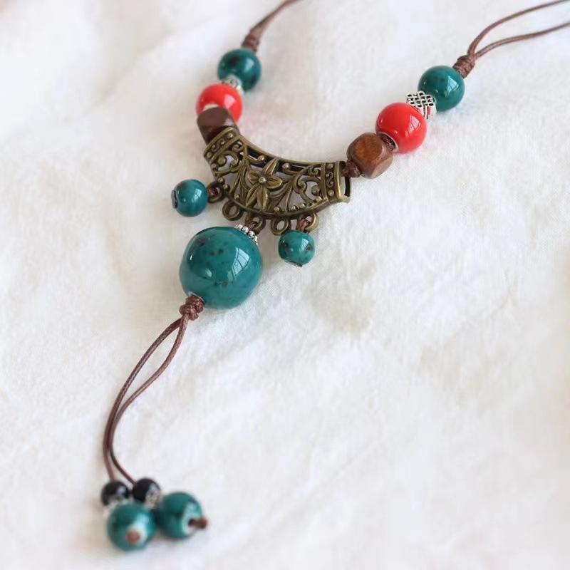 Retro ethnic style ceramic necklace women's woven rope niche retro new Chinese style new popular with jewelry women