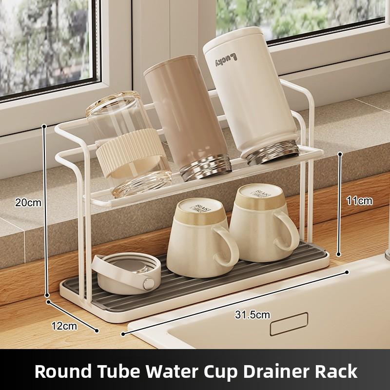 Stainless Steel Double Layer Cup Rack, Inverted Glass Holder with Drip Tray, Countertop Wine Glass Storage Organizer for Home