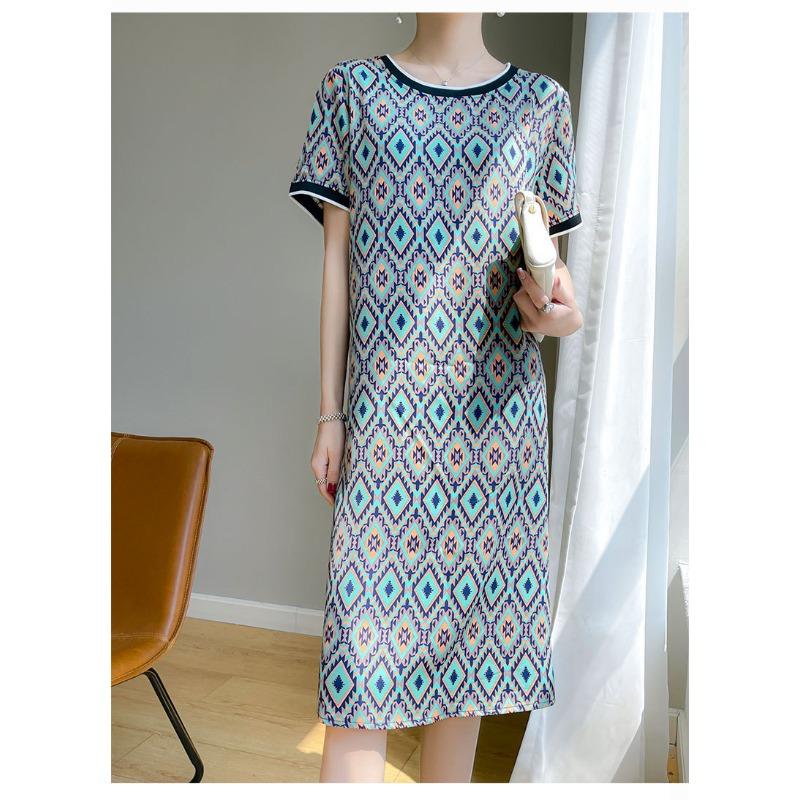 

Платье из ацетатной ткани с круглым вырезом и бриллиантами для женщин, летнее, новый корейский стиль, облегающее, с цветными блоками, средней длины, юбка А-силуэта, тонкое XXXXXL