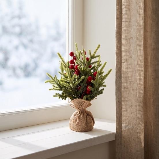Desktop Holiday Decoration Miniature Christmas Tree with Red Berries, Artificial Mini Pine Burlap for Office Base, Tabletop Faux Small Potted
