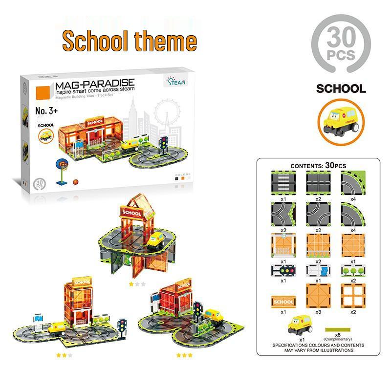 Magnetic Building Blocks & Electric Track Car City Set: Stained Glass Educational Toy for Kids