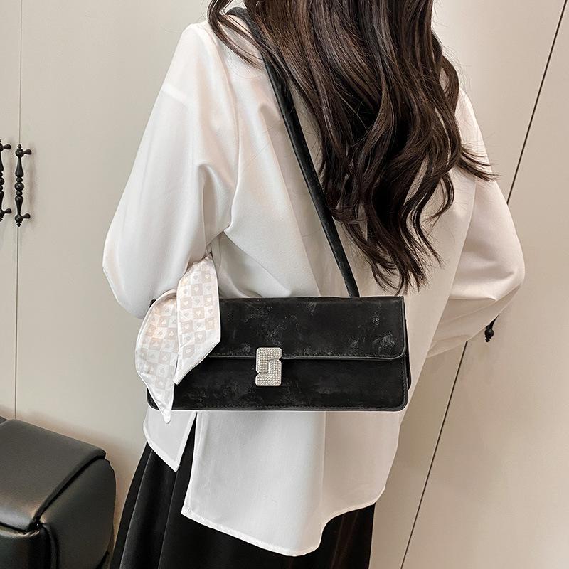 Women's Textured Underarm Baguette Bag with Silk Scarf - Early Spring 2025 Fashion