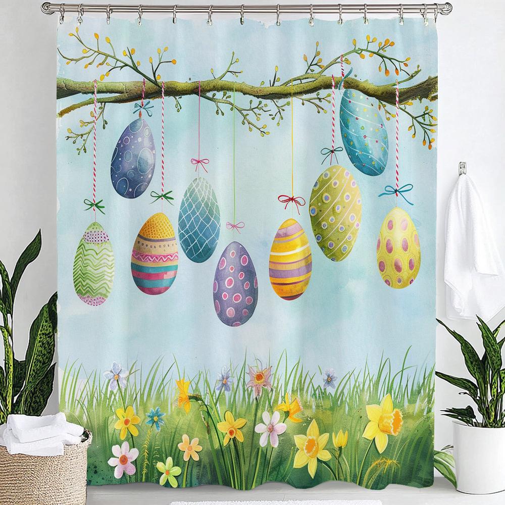 

Cute Bunny Shower Curtain, Egg Happy Easter Floral Spring Bathroom Curtain, Modern Decorative Fabric Home Curtain With Hooks W60H190(CM)-1 Pcs